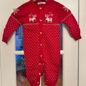 Zorea Baby Reindeer Romper Red and White, Knit with Button Closure, Size 12M